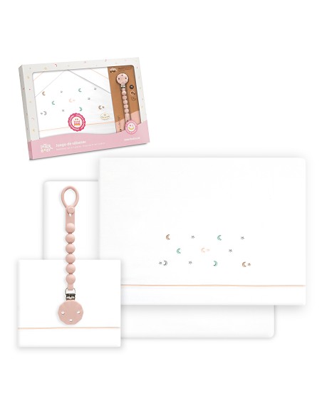 Triptico Cuna Estrella Luna Multicolor + Broche Bco/Rosa
