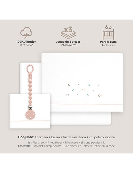 Triptico Cuna Estrella Luna Multicolor + Broche Bco/Rosa