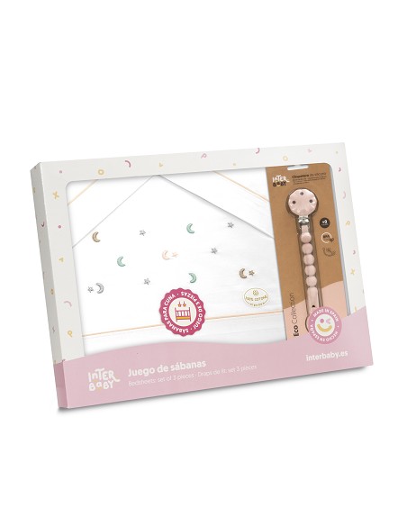 Triptico Cuna Estrella Luna Multicolor + Broche Bco/Rosa
