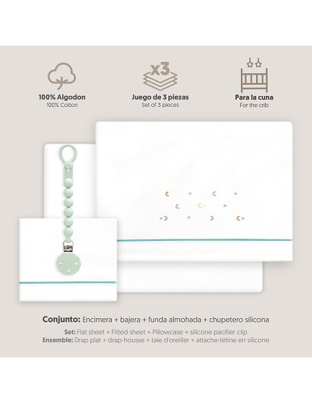 Triptico Cuna Estrella Luna Multicolor + Broche Bco/Verde