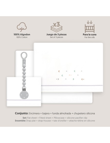 Triptico Cuna Estrella Luna Multicolor + Broche Bco/Gris