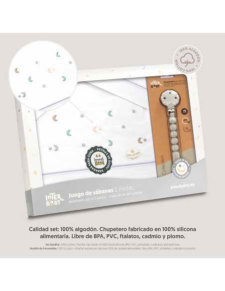 Triptico Cuna Estrella Luna Multicolor + Broche Bco/Gris