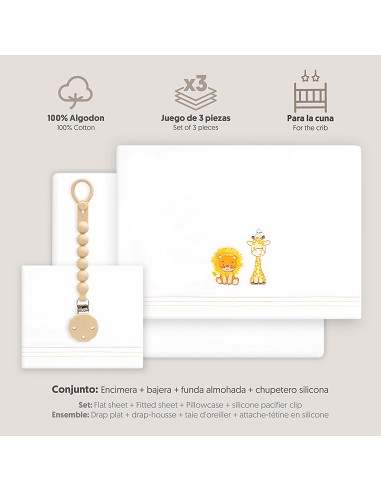Triptico Cuna Leon Jirafa Pajarito + Broche Blanco