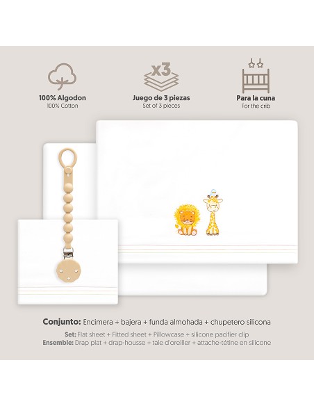 Triptico Cuna Leon Jirafa Pajarito + Broche Blanco