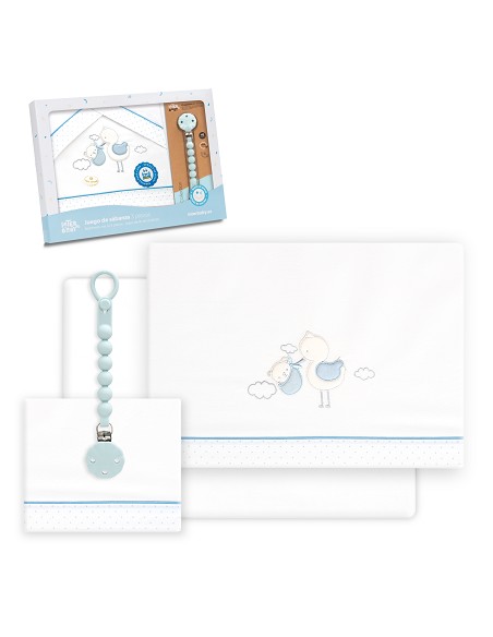 Triptico Cuna Cigueña Oso + Broche Bco/Azul
