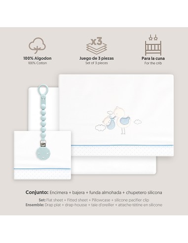Triptico Cuna Cigueña Oso + Broche Bco/Azul