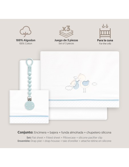 Triptico Cuna Cigueña Oso + Broche Bco/Azul