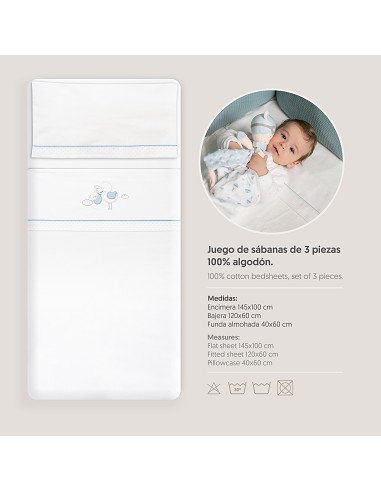 Triptico Cuna Cigueña Oso + Broche Bco/Azul