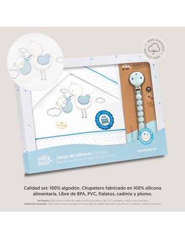 Triptico Cuna Cigueña Oso + Broche Bco/Azul