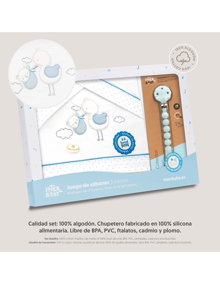 Triptico Cuna Cigueña Oso + Broche Bco/Azul