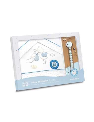 Triptico Cuna Cigueña Oso + Broche Bco/Azul