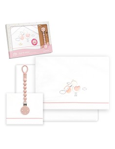 Triptico Cuna Cigueña Oso + Broche Bco/Rosa