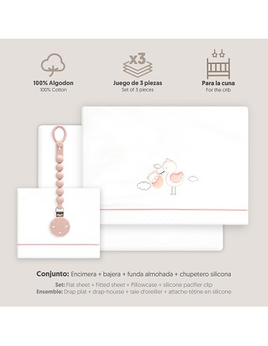 Triptico Cuna Cigueña Oso + Broche Bco/Rosa