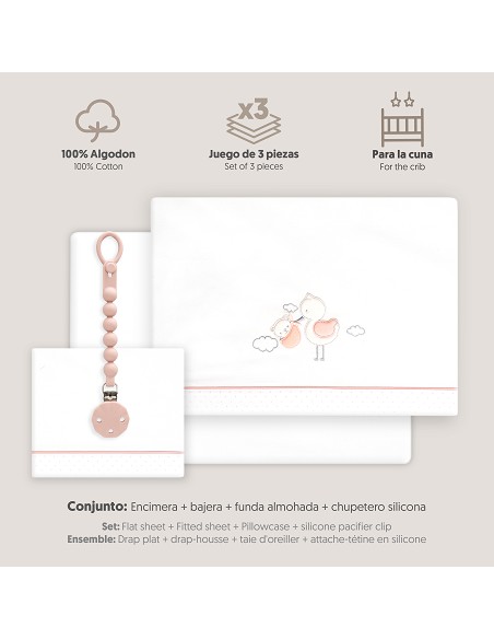 Triptico Cuna Cigueña Oso + Broche Bco/Rosa