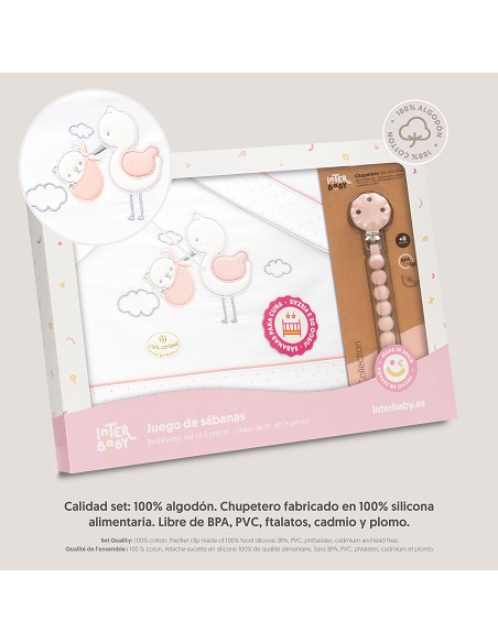 Triptico Cuna Cigueña Oso + Broche Bco/Rosa