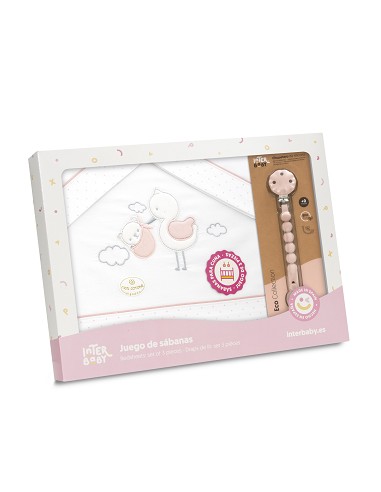 Triptico Cuna Cigueña Oso + Broche Bco/Rosa