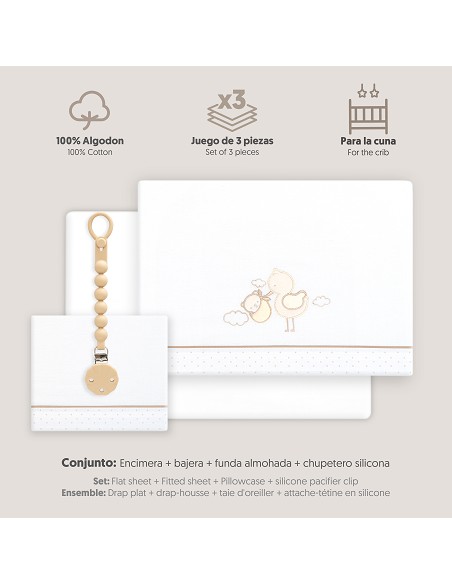 Triptico Cuna Cigueña Oso + Broche Bco/Beig