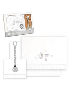 Triptico Cuna Cigueña Oso + Broche Bco/Gris