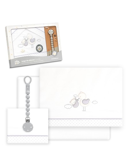 Triptico Cuna Cigueña Oso + Broche Bco/Gris