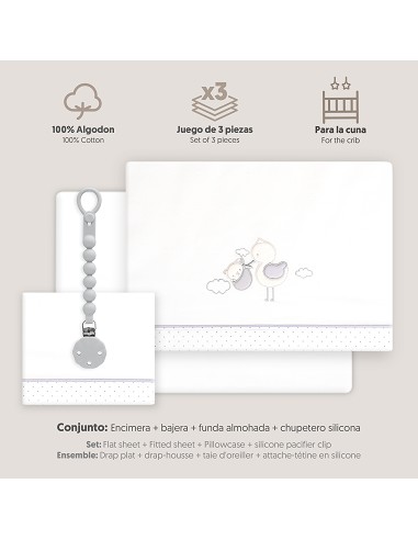 Triptico Cuna Cigueña Oso + Broche Bco/Gris