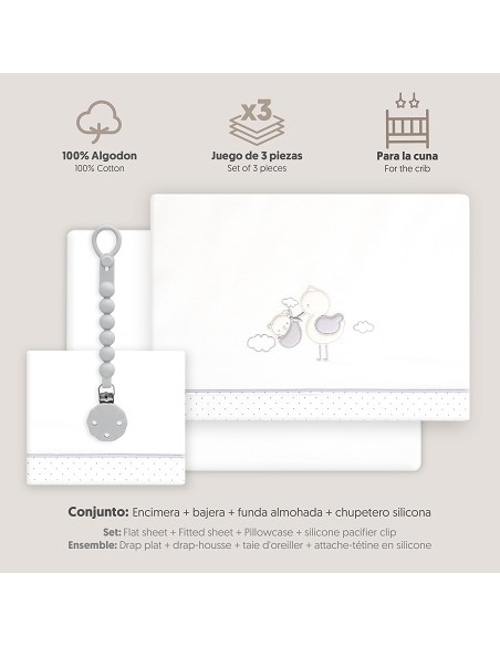 Triptico Cuna Cigueña Oso + Broche Bco/Gris