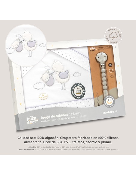 Triptico Cuna Cigueña Oso + Broche Bco/Gris