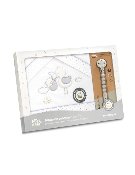 Triptico Cuna Cigueña Oso + Broche Bco/Gris