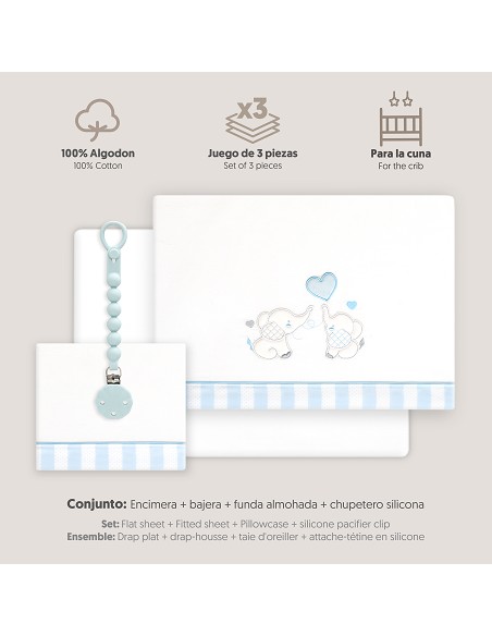 Triptico Cuna Parejita Elefante + Broche Bco/Azul