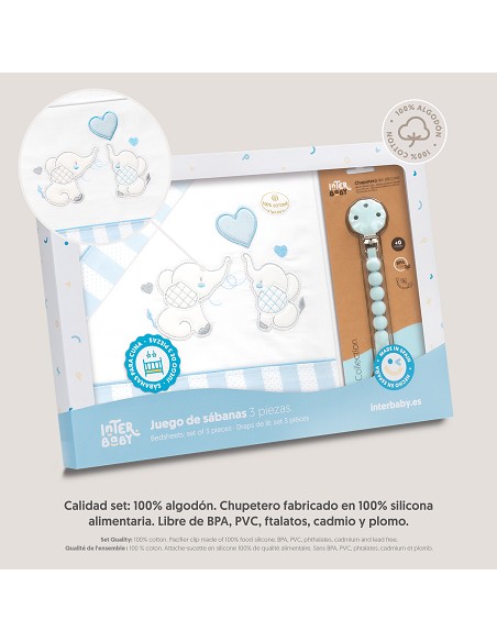 Triptico Cuna Parejita Elefante + Broche Bco/Azul