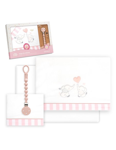 Triptico Cuna Parejita Elefante + Broche Bco/Rosa