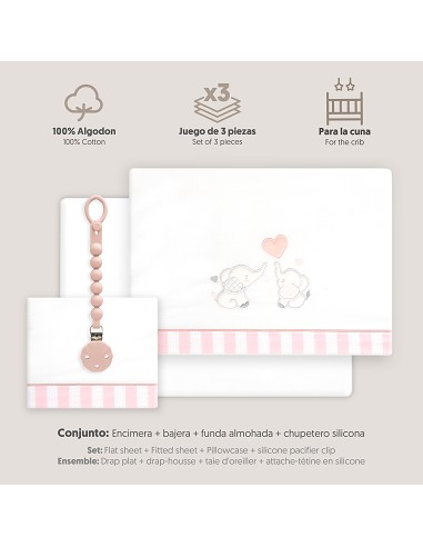 Triptico Cuna Parejita Elefante + Broche Bco/Rosa
