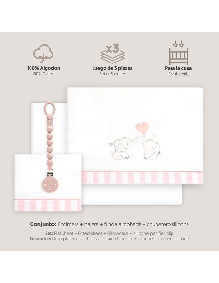 Triptico Cuna Parejita Elefante + Broche Bco/Rosa