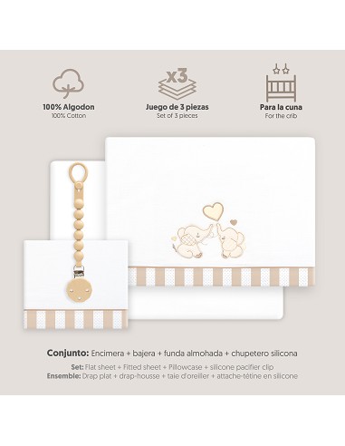 Triptico Cuna Parejita Elefante + Broche Bco/Beig