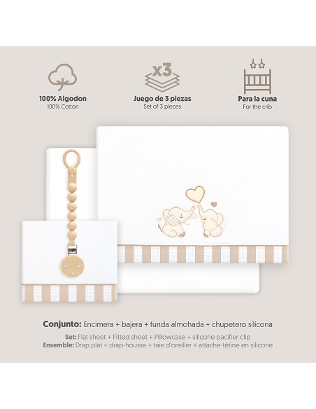 Triptico Cuna Parejita Elefante + Broche Bco/Beig