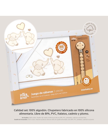 Triptico Cuna Parejita Elefante + Broche Bco/Beig