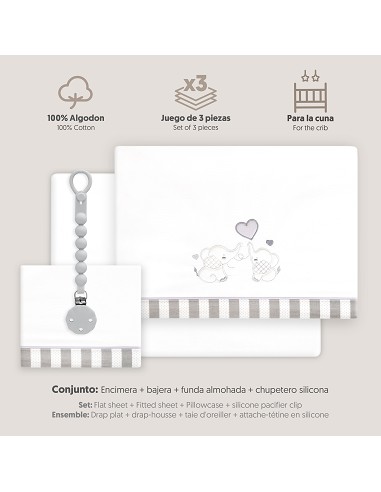 Triptico Cuna Parejita Elefante + Broche Bco/Gris