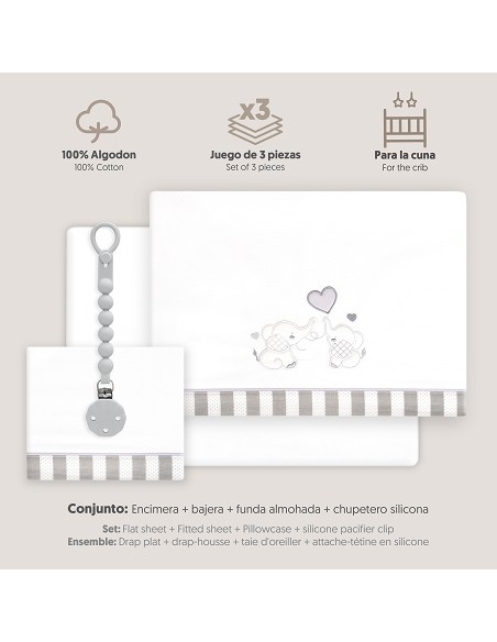 Triptico Cuna Parejita Elefante + Broche Bco/Gris
