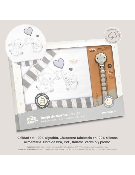 Triptico Cuna Parejita Elefante + Broche Bco/Gris