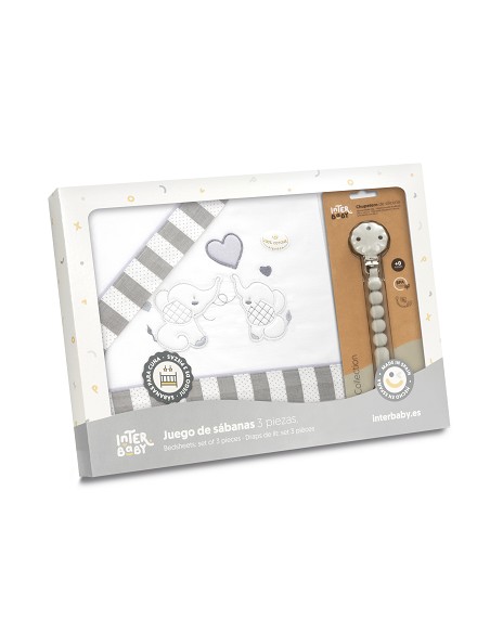 Triptico Cuna Parejita Elefante + Broche Bco/Gris