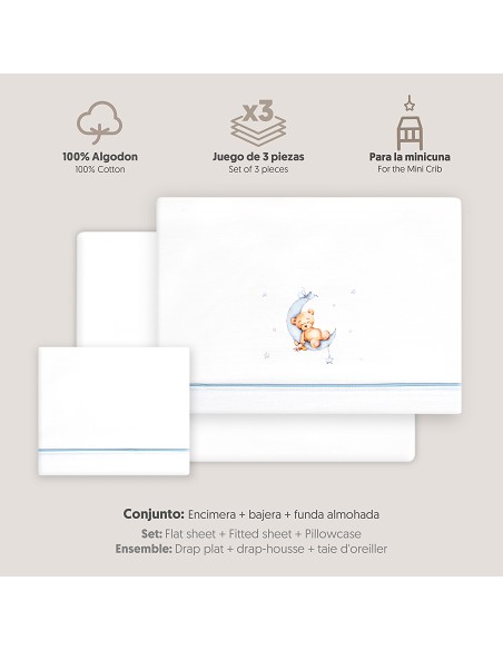 Triptico Minicuna Estampado Oso Luna Estrellas Bco/Azul