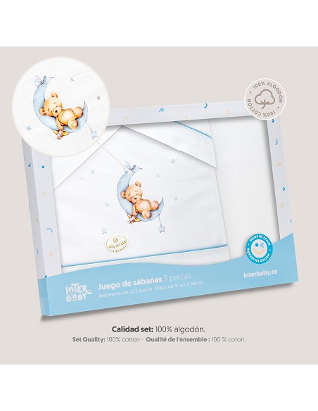 Triptico Minicuna Estampado Oso Luna Estrellas Bco/Azul