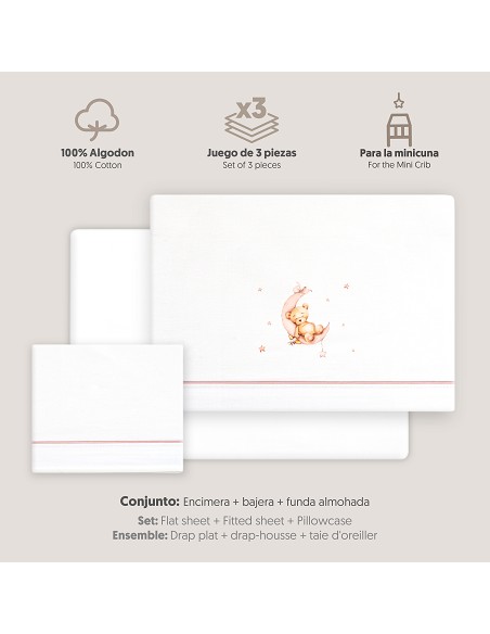 Triptico Minicuna Estampado Oso Luna Estrellas Bco/Rosa
