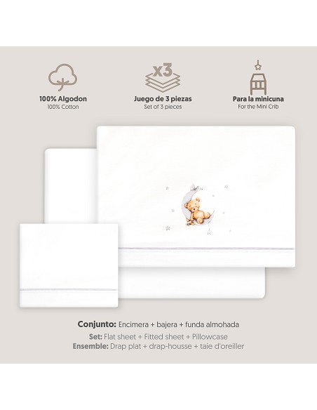 Triptico Minicuna Estampado Oso Luna Estrellas Bco/Gris