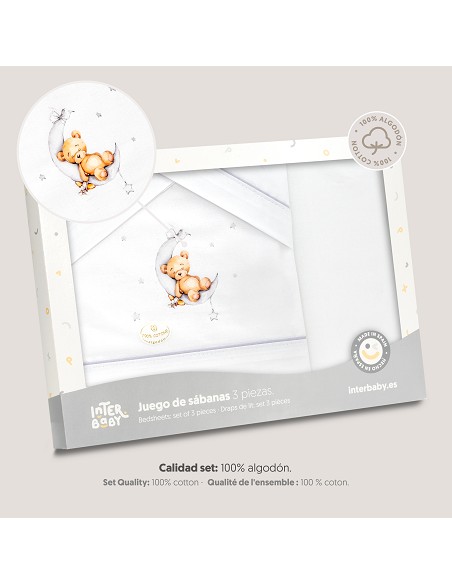 Triptico Minicuna Estampado Oso Luna Estrellas Bco/Gris
