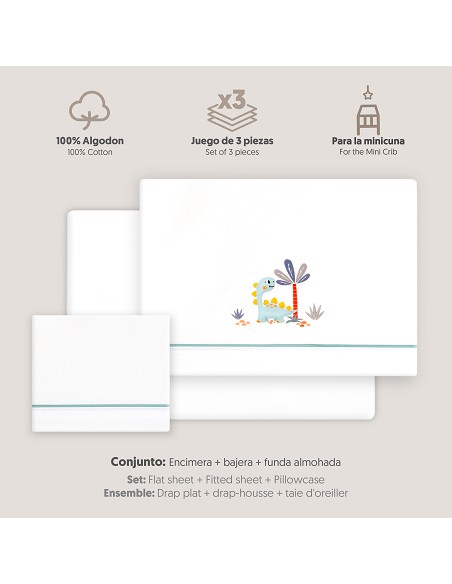 Triptico Minicuna Estampado Dinosaurio Palmera Bco/Verde