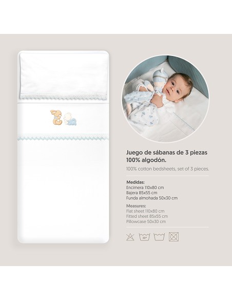 Triptico Minicuna Guipur Oso Tumbado Conejito Bco/Azul