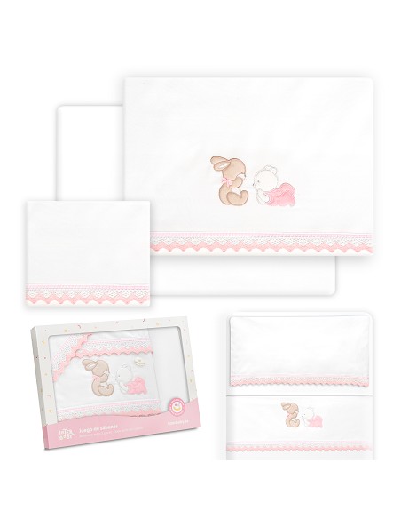 Triptico Minicuna Guipur Oso Tumbado Conejito Bco/Rosa