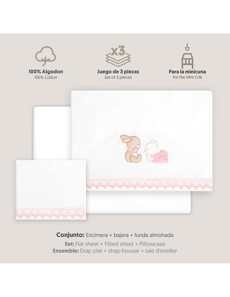 Triptico Minicuna Guipur Oso Tumbado Conejito Bco/Rosa