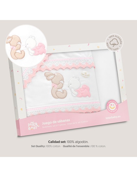 Triptico Minicuna Guipur Oso Tumbado Conejito Bco/Rosa