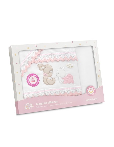 Triptico Minicuna Guipur Oso Tumbado Conejito Bco/Rosa